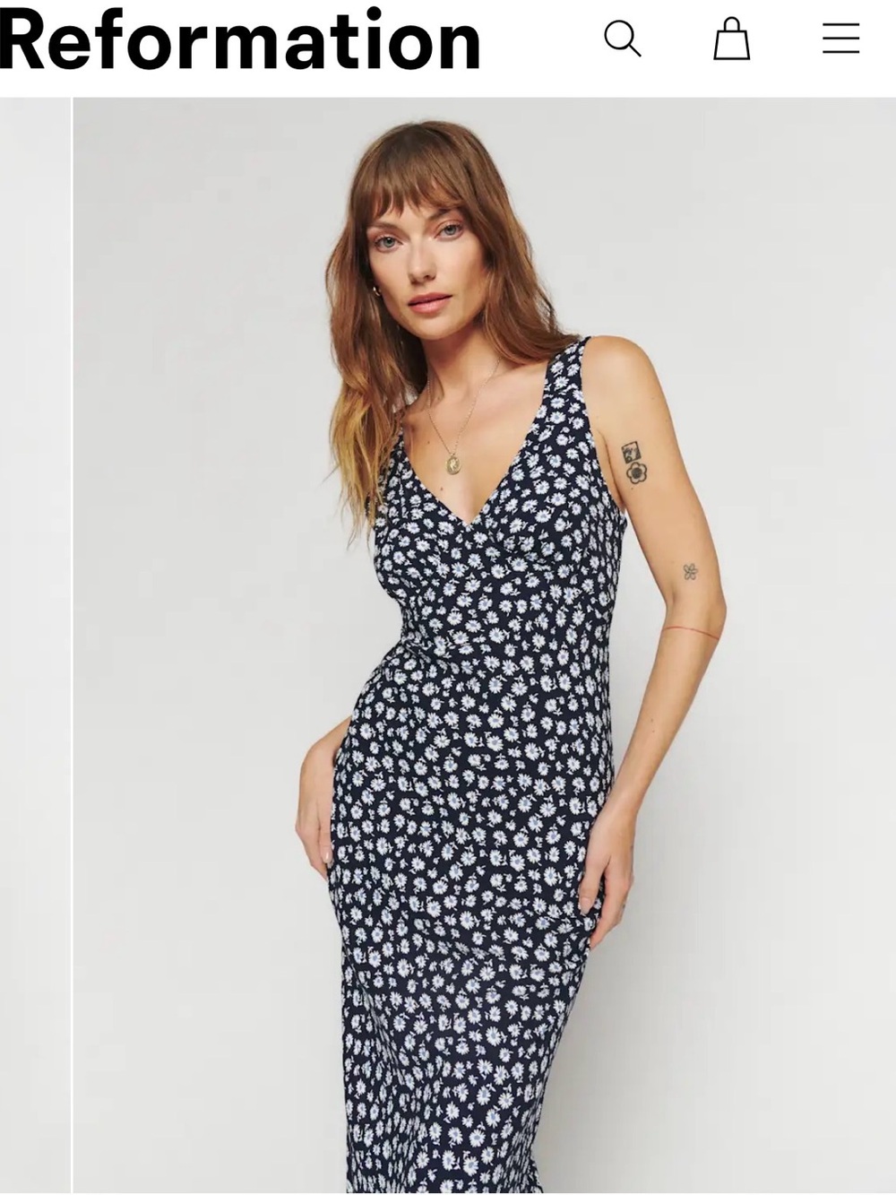 Reformation Beauden Black Daisy Print Midi Dress
